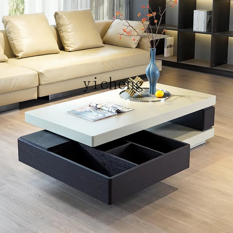 TQQ minimalist light luxury villa coffee table smoked wood color baking paint rotating storage modern simplicity