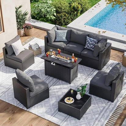8 Piece Patio Furniture Set with 44” Fire Pit Table Wicker Rattan Patio Sectional Sofa Set Outdoor Seating Furniture with Thick