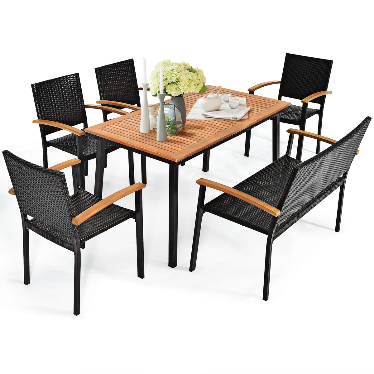 6 PCS Patio Rattan Dining Set Acacia Wood Table Stackable Chair Bench