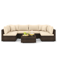 7 PCS Patio Rattan Furniture Set Sectional Sofa Cushioned Garden Brown
