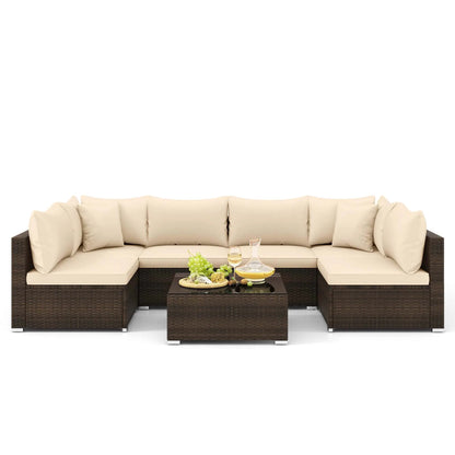 7 PCS Patio Rattan Furniture Set Sectional Sofa Cushioned Garden Brown