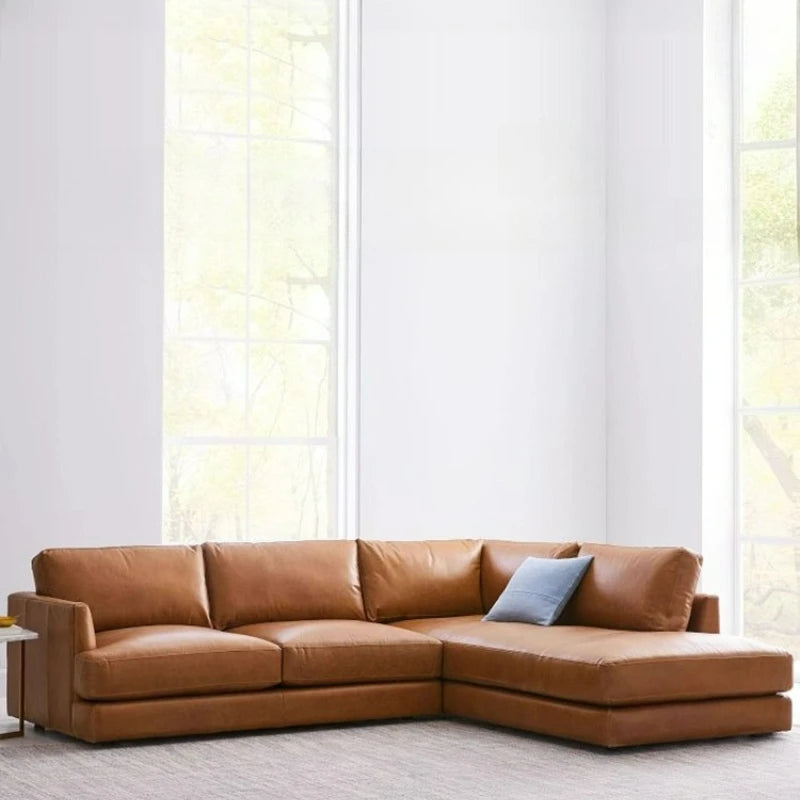 leather sofa, antique milk brown first layer cowhide L-shaped concubine seat in the living room, American retro leather sofa