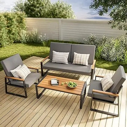4-Piece Outdoor Patio Furniture Set with Coffee Table and Removable Cushions, Metal Patio Conversation Set for Family, Yard, Po