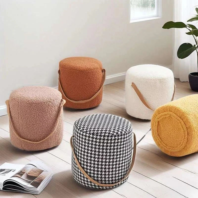 Lamb Velvet Round Stool for Living Room, Multi-Purpose Ottoman for Sofa & Coffee Table, Compact Home Decor Stool