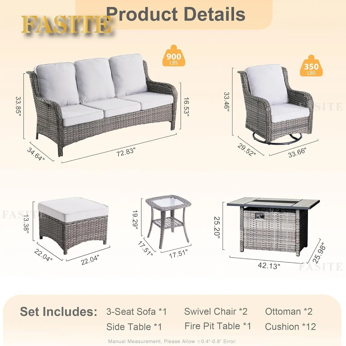50,000 BTU Rectangular Propane Fire Pit Table 7-Piece High-Back Conversation Sofa and Matching Side Table,Grey Rattan Denim Blue