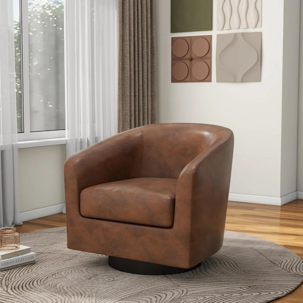 Faux Leather Swivel Barrel Accent Chairs, 360° Swivel Round Single Sofa Chair, Comfy Upholstered Club Armchair for Liv