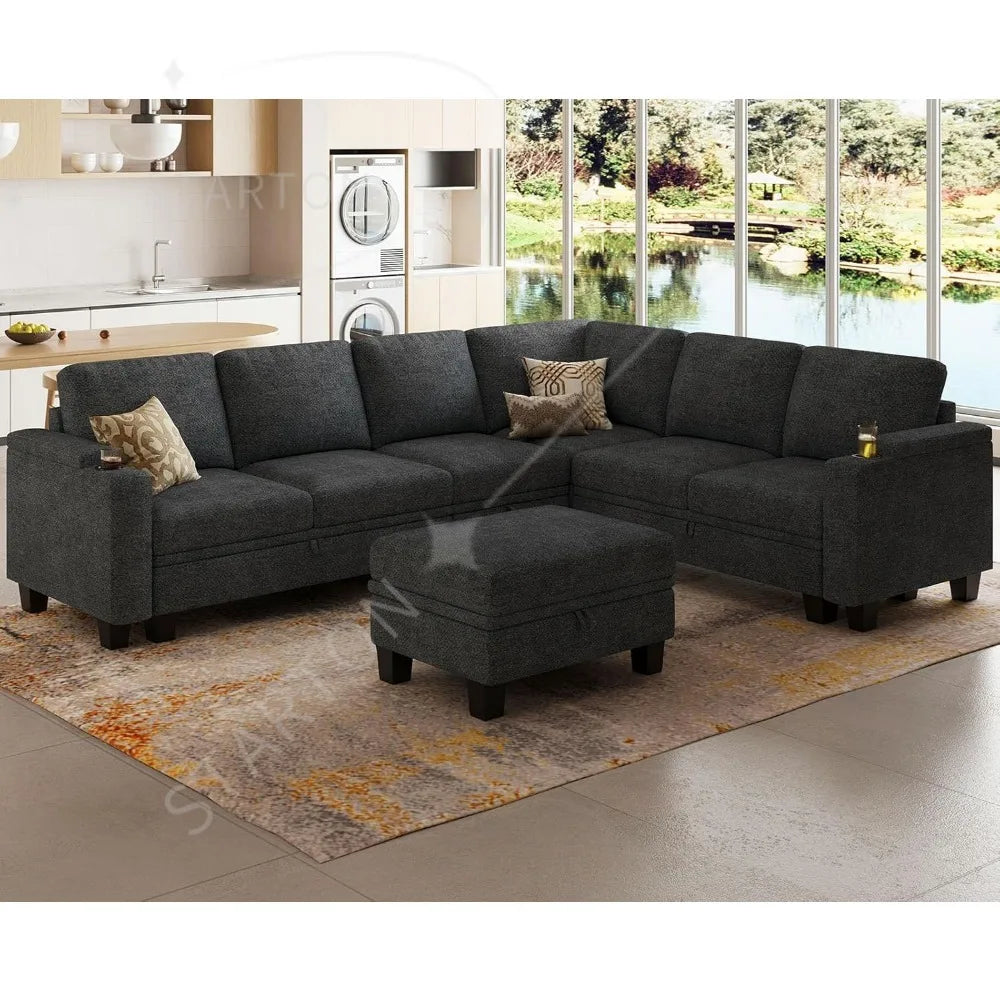 Sofa Convertible L Shaped Corner Couches for Living Room with Storage Armrest with Cup Holder Dark G