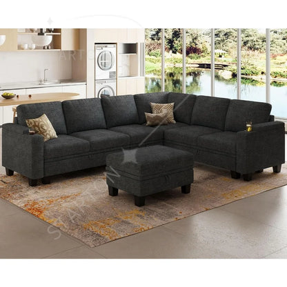 Sofa Convertible L Shaped Corner Couches for Living Room with Storage Armrest with Cup Holder Dark G