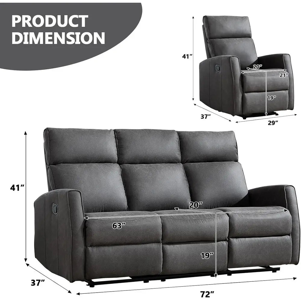 Manual Recliner Soa Set or Living Room, ern Reclining Couch urniture Set, Included 2pcs Reclining Chair and Wall-Her 3-Seater Re