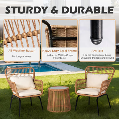 Boho-Inspired 3-Piece Outdoor Patio Set: Wicker Conversation Chairs with Beige Cushions + Round Tempered Glass Side Table — Lightweight, Weather-Resistant Design for Garden, Balcony, Deck or Porch Use