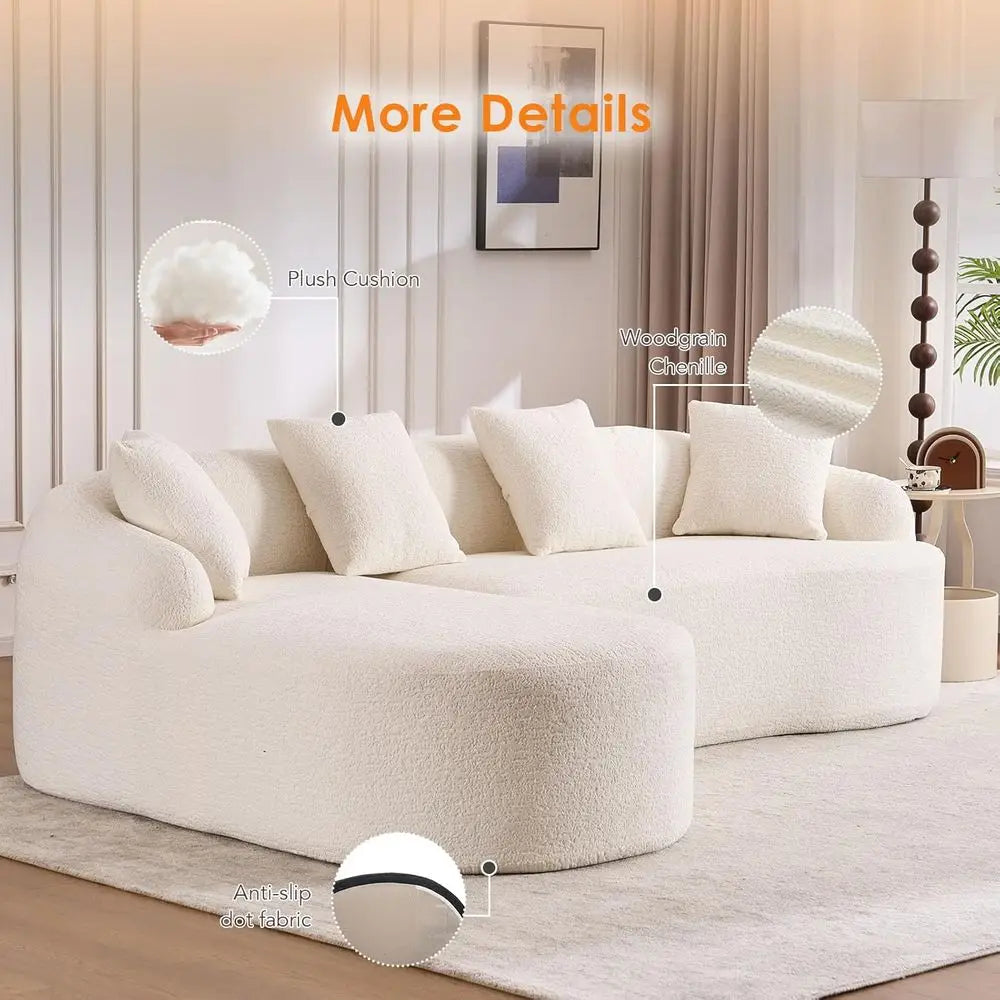 Curved Sectional Sofa, Oversized L-Shape Deep Seating Cloud Sofa, 4-Seater Chenille Couch with Chaise, Ready to Use, Beige White