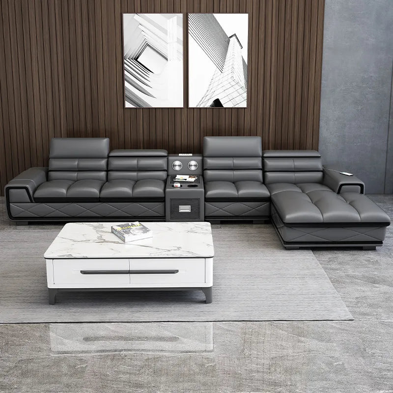 Simple and modern leather sofa combination large apartment living room L-shaped corner function headrest few fully