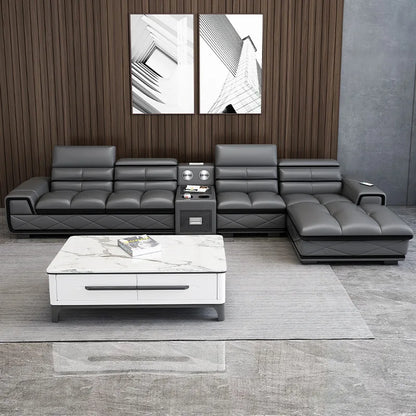 Simple and modern leather sofa combination large apartment living room L-shaped corner function headrest few fully