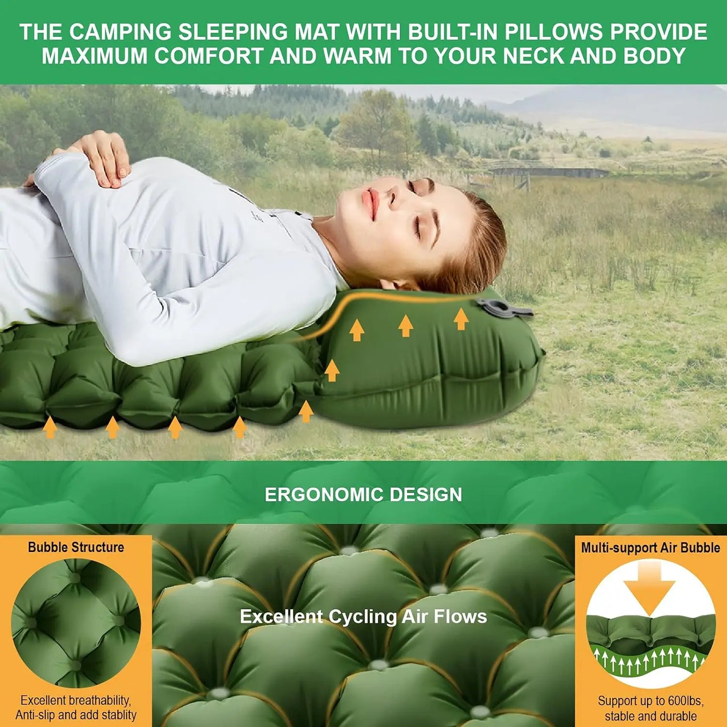 Outdoor 2 Persons Travel Bed Air Mat Double Sleeping Pad for Camping Self-Inflating Mat Sleeping Mattress with Pillow for Hiking