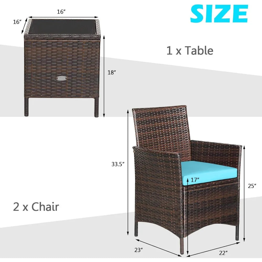 3 Pieces Patio Furniture Set, Wicker Outdoor Furniture with Water-Resistant Cushion & Tempered Glass Top Table, Conversation Set