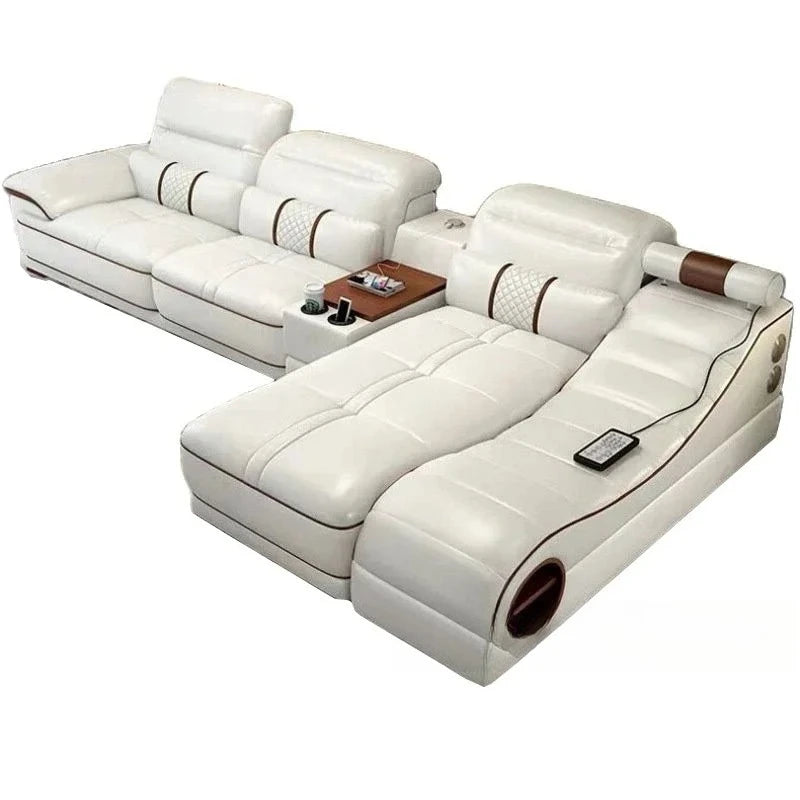 Modern Luxury Sectional Sofa Set with Chaise Lounge – Italian Genuine Leather Couch with Speakers, USB Port
