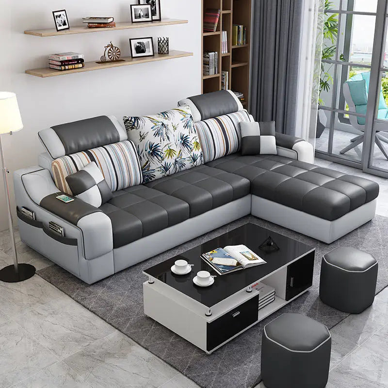 American Style Chaise Couch L Shaped Modular Living Room Synthetic Leather Sofa