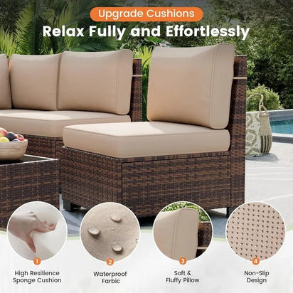 6-Piece Outdoor Wicker Sectional Sofa Set with 8-Inch Armrests, Waterproof Cover, and Coffee Table for Garden and Patio