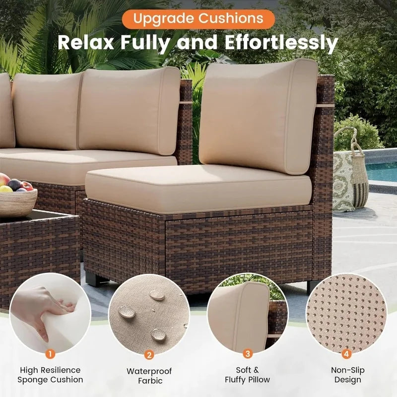 6-Piece Outdoor Wicker Sectional Sofa Set with 8-Inch Armrests, Waterproof Cover, and Coffee Table for Garden and Patio