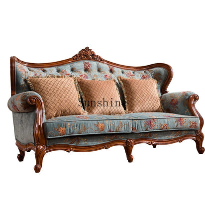 American-style all-solid wood fabric sofa combination three-person furniture set