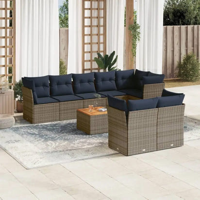 9 Piece Gray Poly Rattan Patio Sofa Set with Cushions Durable Outdoor Furniture