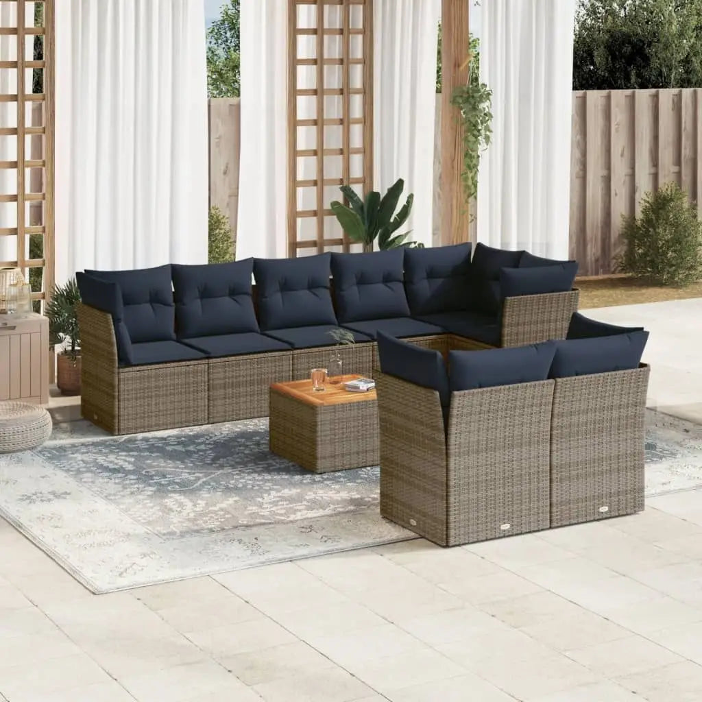 9 Piece Gray Poly Rattan Patio Sofa Set with Cushions Durable Outdoor Furniture