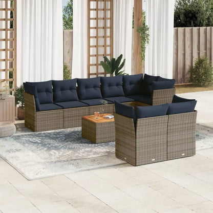 9 Piece Gray Poly Rattan Patio Sofa Set with Cushions Durable Outdoor Furniture