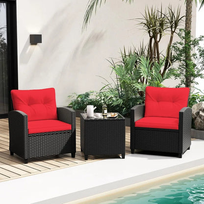 3 Pieces Patio Furniture Set, Rattan Conversation Set w/Soft Seat & Back Cushions, Tempered Glass Topped Coffee Table