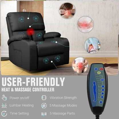 Rocking Recliner Chair, Massage Rocker Recliner Chair with Vibration Massage and Heat, 360° Swivel aux Leather Chairs, Living Ro