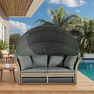 Outdoor Canopy Bed Patio Daybed with 4 Pillows, Wicker Rattan Double Daybed Round Sofa Furniture Set with Retractable Canopy, 2
