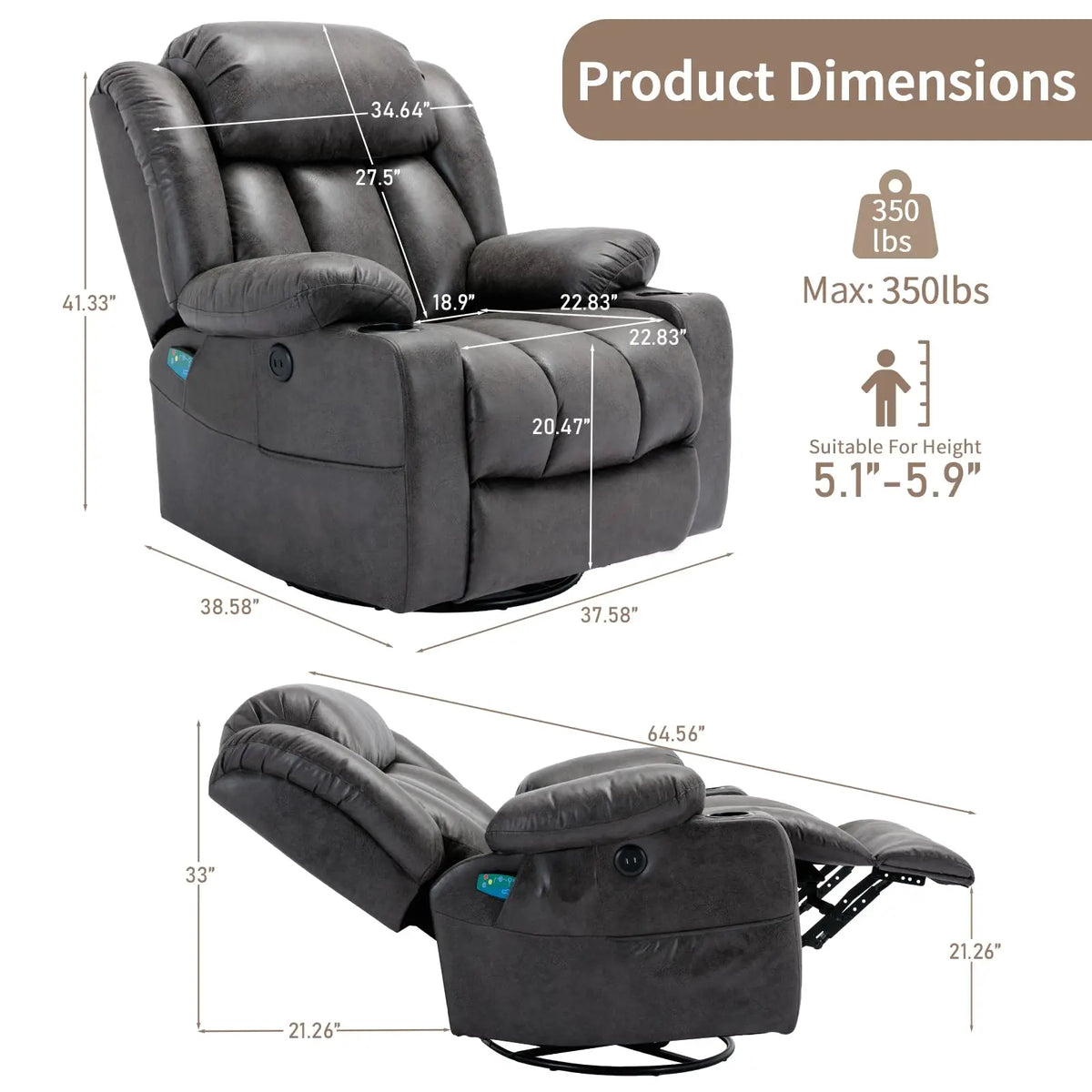 360° Swivel Rocker Recliner Chair with Heat and Massage, Manual Glider Rocking Reclining Chair, Swivel Overstuffed