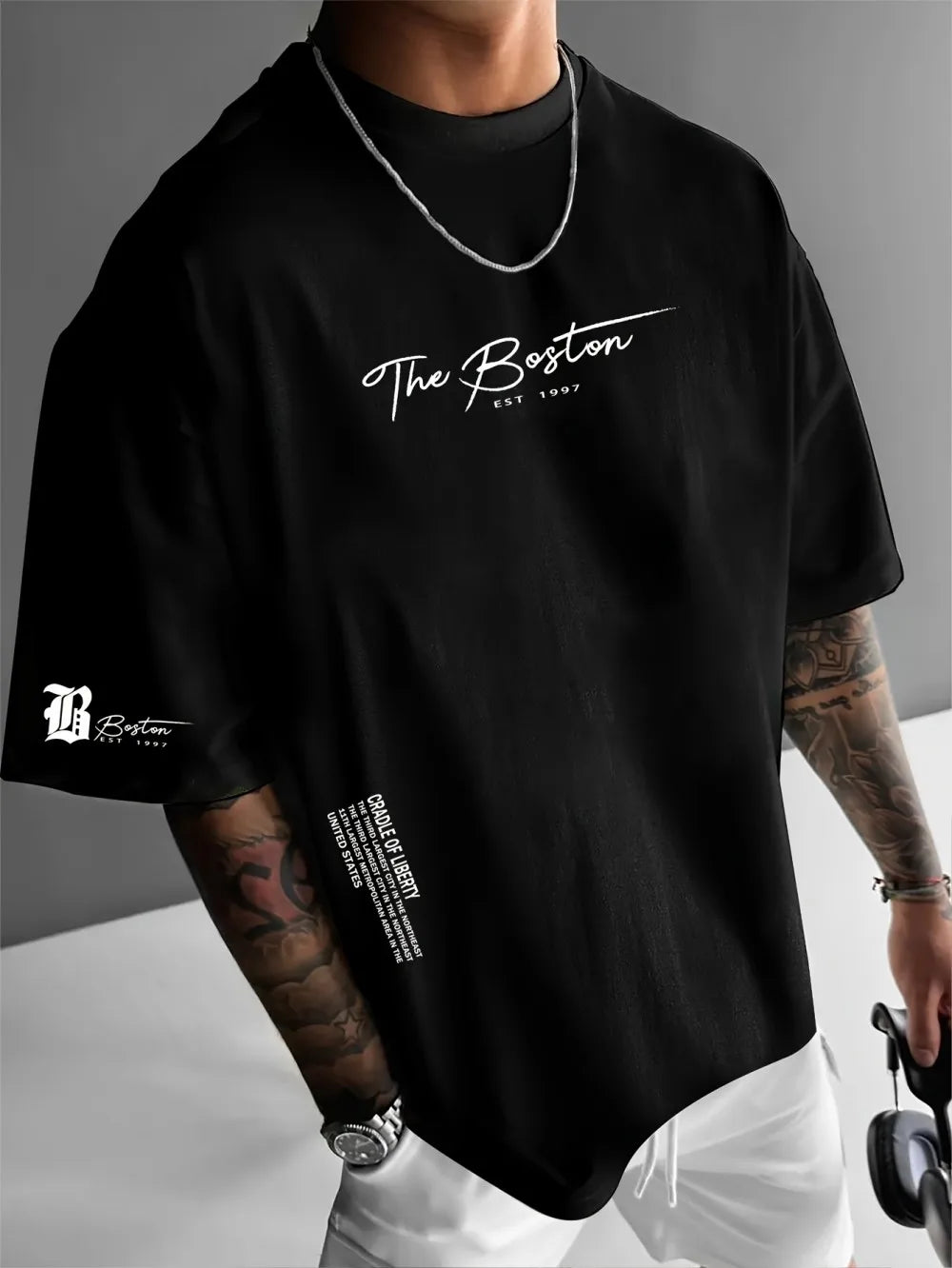 New men's polyester fabric casual comfortable breathable round neck T-shirt with letter pattern suitable for outdoor sports