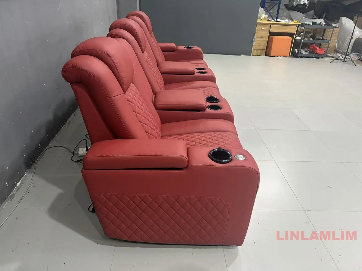 Linlamlim Luxury 3-Seat Recliner Sofa with Cup Holders, Leather Home Theater Seating, Cinema Recliner Couch with Center Console