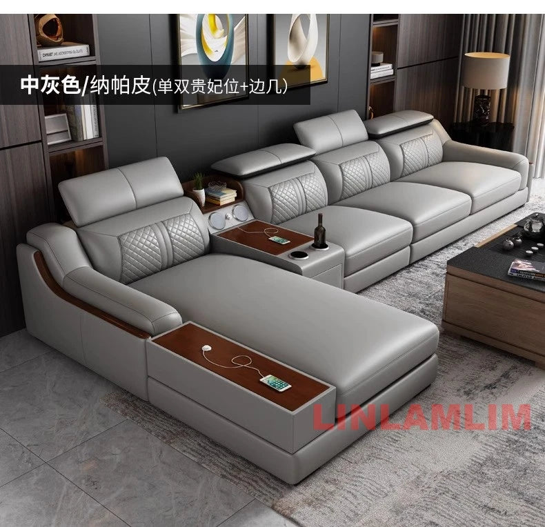 Modern U-Shaped Sectional Sofa Set with Chaise Lounge, Genuine Leather Couch with Storage Table, USB – Big Living Room Furniture