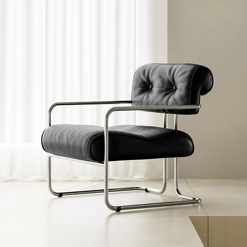 French light luxury stainless steel leather single sofa chair bedroom living room creative leisure chair cafe back dining chair
