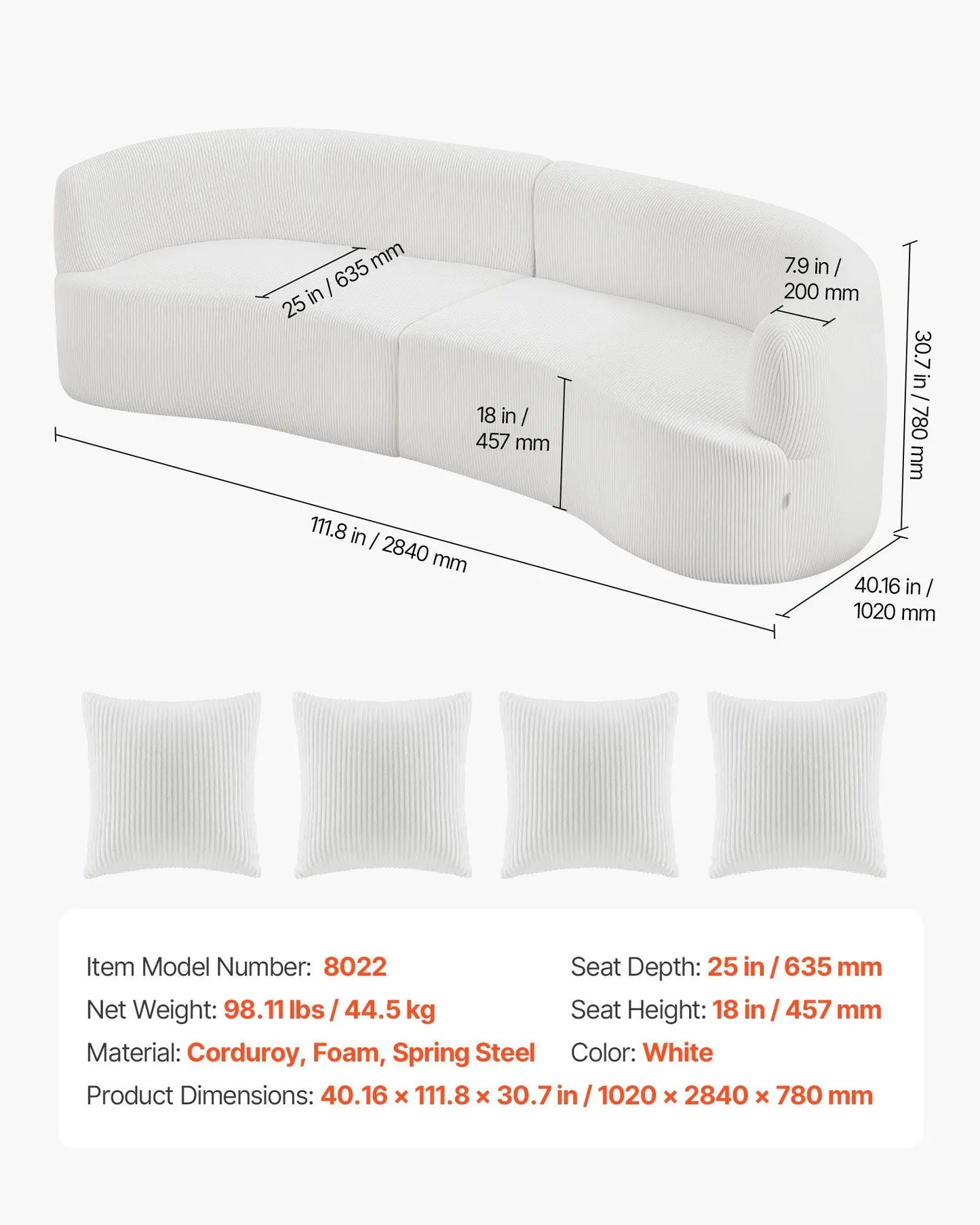 Luxury Modern Cloud Plush Sectional Sofa with 4 Pillows 112" Curved Modular Couch Deep Seats and Corduroy Fabric for Living Room