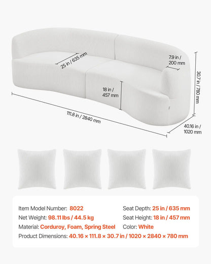 Luxury Modern Cloud Plush Sectional Sofa with 4 Pillows 112" Curved Modular Couch Deep Seats and Corduroy Fabric for Living Room