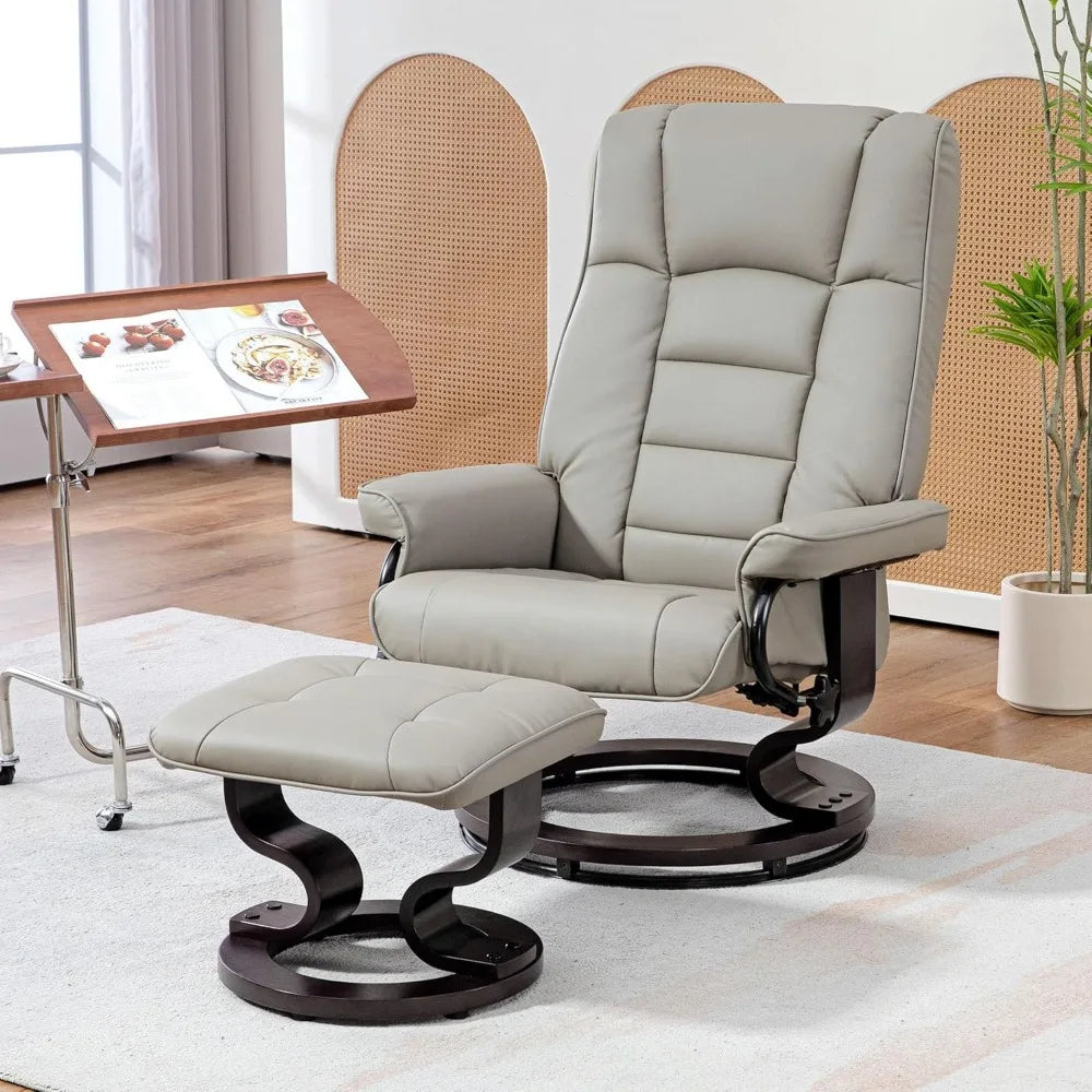 Faux Leather Reclining Chair, Swivel Ottoman Chair, Recliner with Ottoman with High Back and Wood Frame for Living Room, Gray