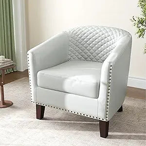 Accent Chair, Upholstered Faux Leather Barrel Chair with Nailed Trim, Comfy Club Armchair for Reading Living Room Bedroom Waitin