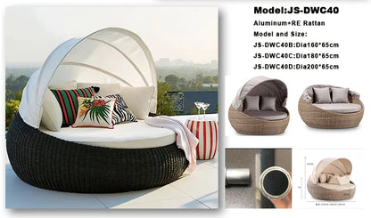 Modern day bed patio furniture hotel luxury garden sun lounger round aluminum rattan wicker outdoor day bed with canopy