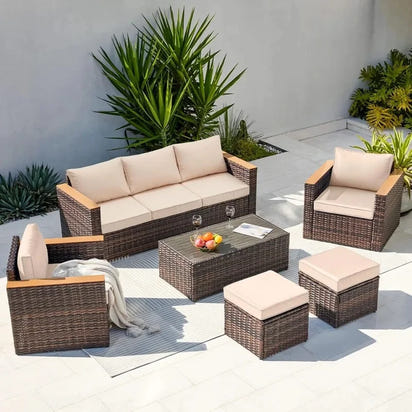 Outdoor PatioLix Conversation Set 6 Pieces Sectional Sofa Chair with Ottoman