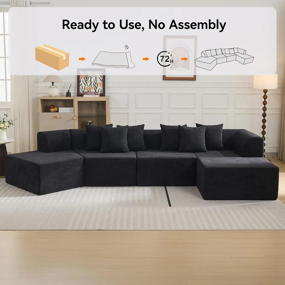 140'' Oversize Cloud Velvet Curved Sectional Couch L-Shape Chaise Boneless Sofa Upholstered with Compression Memory Foam