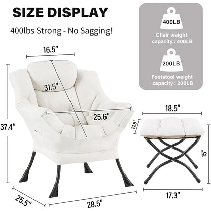 Modern Lazy Chair with Ottoman, Large Velvet Accent Lounge Armchair, Comfy Reading Chair with Footrest for Living Room, Bedroom