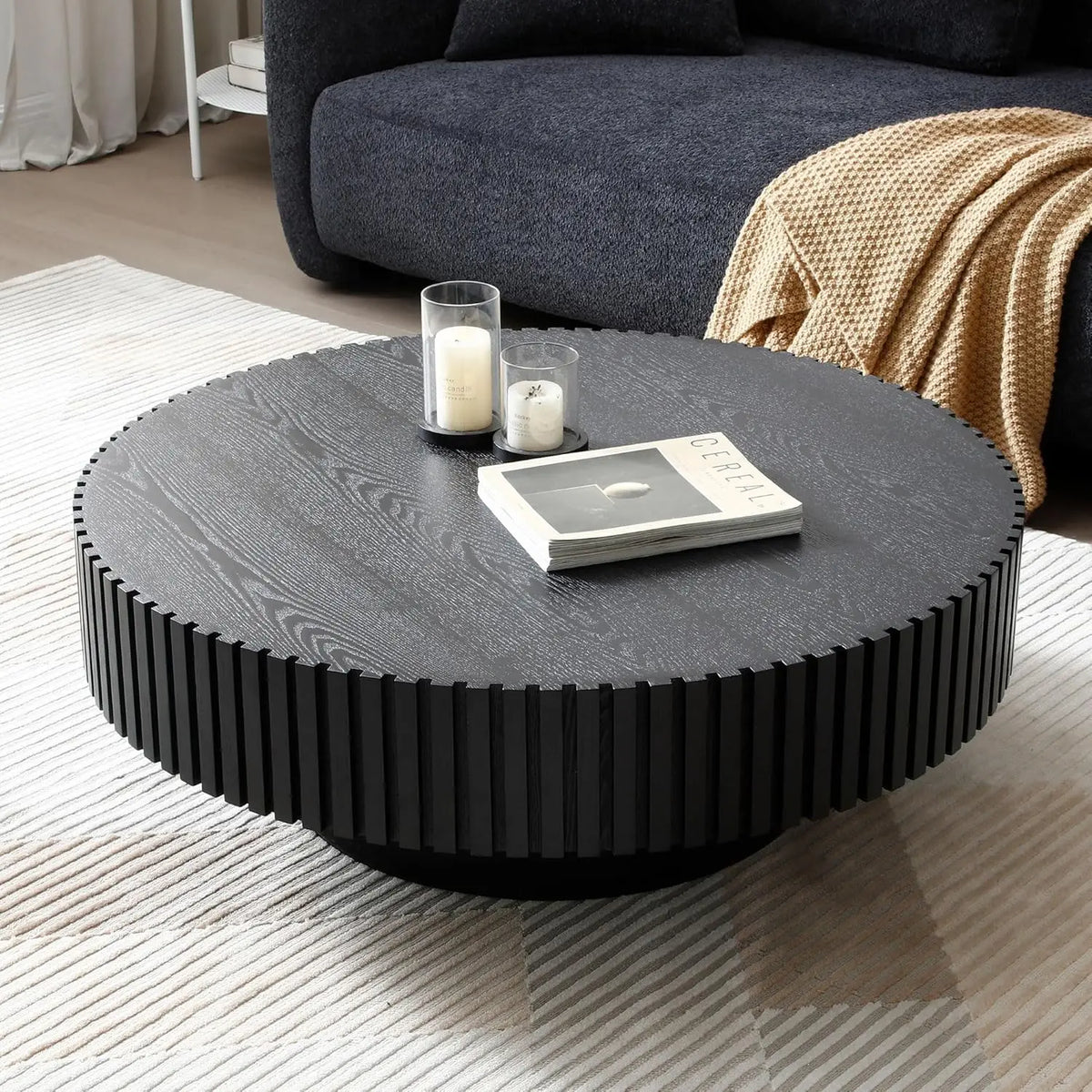 Modern Wooden Coffee Table Round Black with Solid Wood Veneered, Circle Center Table Accent Tea Table for Living Room Apartment
