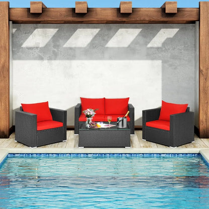4 Piece Patio Rattan Conversation Furniture Set, Outdoor Wicker Sofa Set with Padded Cushion & Tempered Glass Coffee Table, Wic