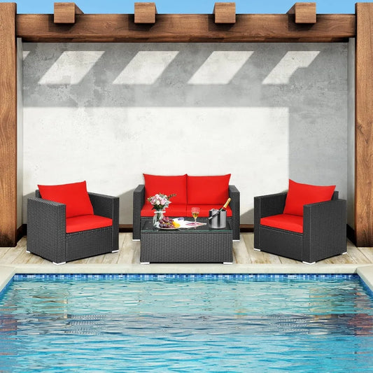 4 Piece Patio Rattan Conversation Furniture Set, Outdoor Wicker Sofa Set with Padded Cushion & Tempered Glass Coffee Table, Wic