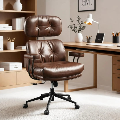 Mid-Century Modern Leather Chair，Ergonomic Home Office Chair with Lumbar Support, High Back Swivel Rolling Executive Chair