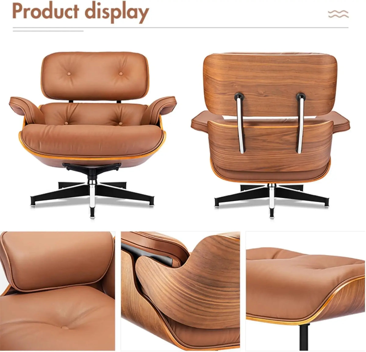 Mid Century Chaise Lounge Chair with Ottoman, Top Black Grain Leather,Modern Office Chair Classic Design,Heavy Duty Base Support