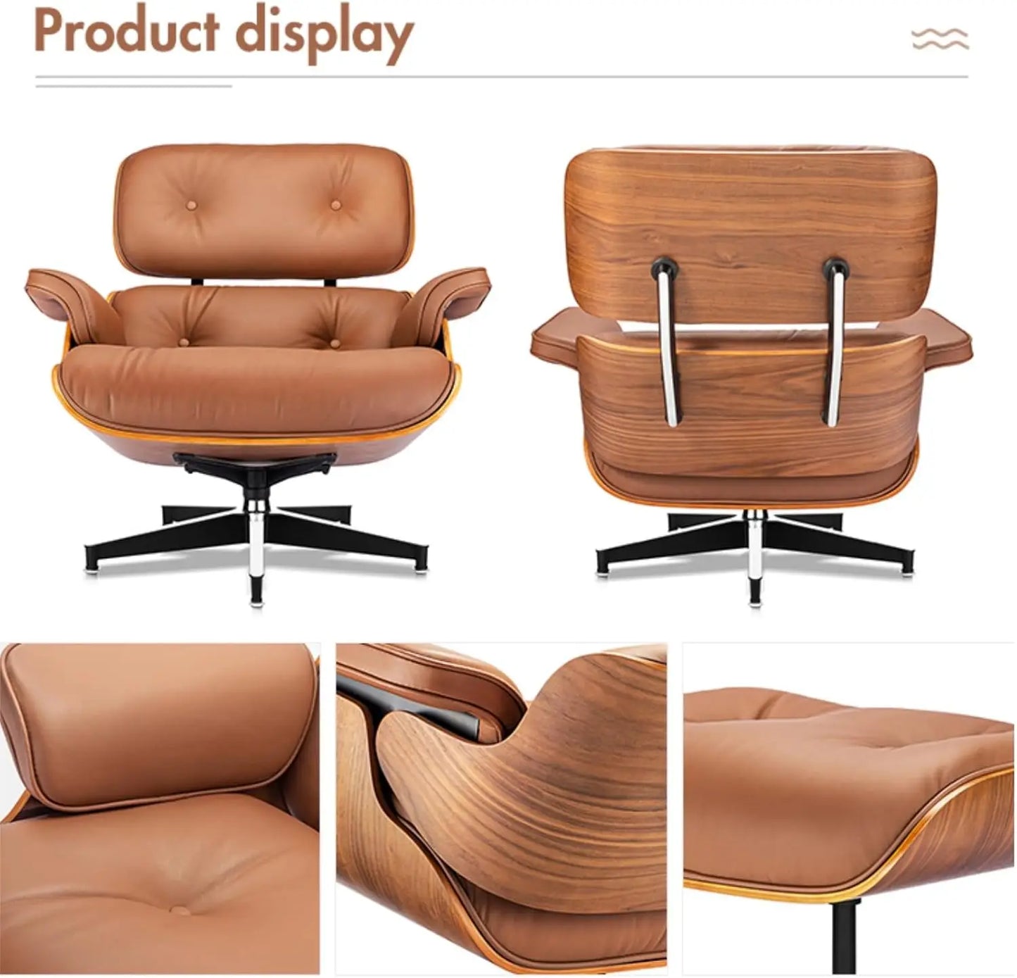 Mid Century Chaise Lounge Chair with Ottoman, Top Black Grain Leather,Modern Office Chair Classic Design,Heavy Duty Base Support
