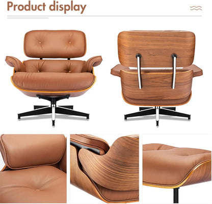 Mid Century Chaise Lounge Chair with Ottoman, Top Black Grain Leather,Modern Office Chair Classic Design,Heavy Duty Base Support